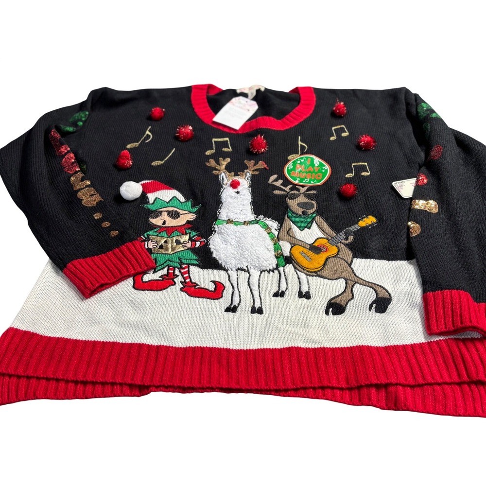 Its Our Time Womens Ugly Christmas Sweater XL Llama Reindeer Elf Music‎